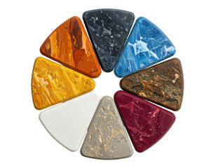 Eight stone-like, triangular shapes arranged in a circle, featuring different colors