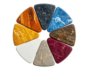 Eight stone-like, triangular shapes arranged in a circle, featuring different colors