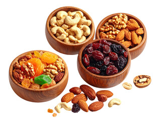 Assortment of nuts, dried fruits, and snacks arranged in wooden bowls on a black background