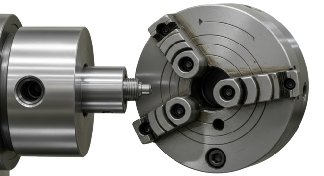 Precision Machining Metal Part Secured In Lathe Chuck With Rotating Spindle Isolated On Transparent Background
