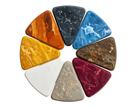 Eight stone-like, triangular shapes arranged in a circle, featuring different colors