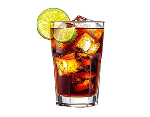 Refreshing cocktail with lime, dark soda, and ice cubes in a glass