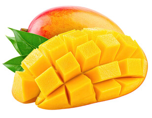 Ripe mango with diced section, leaves, vibrant colors, isolated on black