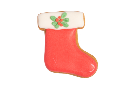 Homemade gingerbread colorful cookie „Red Christmas stocking“ on transparent, isolated Christmas handmade gingerbread cookie „Red Christmas stocking “ on transparent background,  dessert, PNG