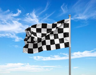 Checkered racing flag waving on flagpole against bright blue sky with wispy clouds showcasing motorsport symbolism