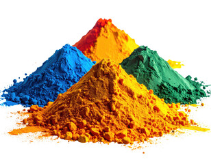 Vivid heaps of powder in blue, orange, red, and green against black