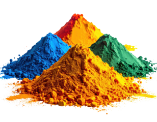 Vivid heaps of powder in blue, orange, red, and green against black