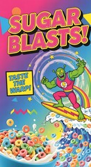 Colorful cereal with a cartoon superhero on a skateboard creating a fun and energetic scene for a playful breakfast advertisement or children's event