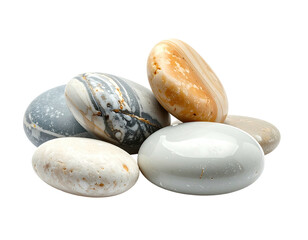 A close-up of various smooth, multicolored river rocks stacked against black