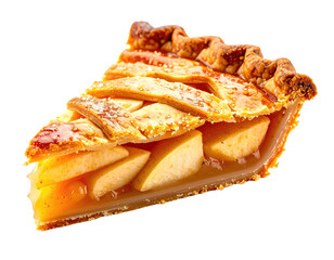 A delicious slice of golden-crusted apple pie, with visible fruit filling