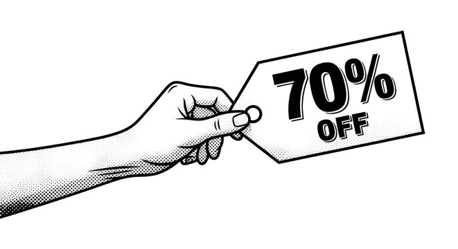 Hand holding a seventy percent off sale discount tag illustration