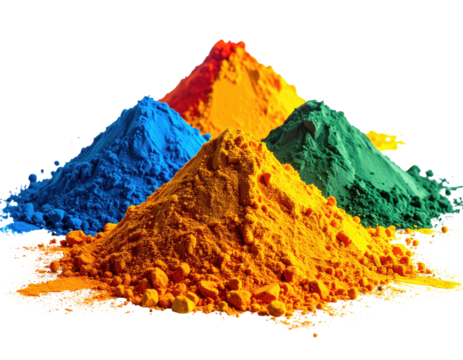 Vivid heaps of powder in blue, orange, red, and green against black