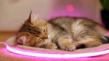 Adorable tabby kitten sleeping soundly on a glowing pink LED light ring, cozy and peaceful nap time. - Powered by Adobe