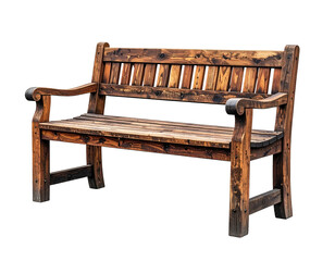 A weathered wooden park bench with armrests, isolated on a solid black background