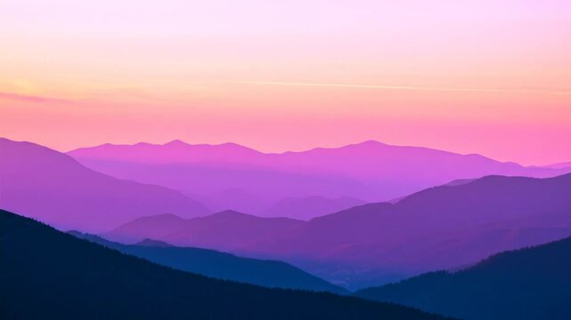 A serene mountain range silhouette at sunset, with a vibrant gradient of purple and pink hues in the sky
