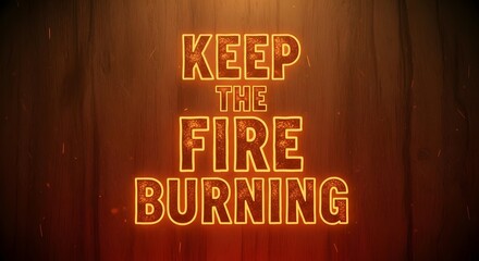 A bright neon sign with the motivational phrase 'Keep the Fire Burning' displayed on a wooden wall, creating a warm and inspiring atmosphere