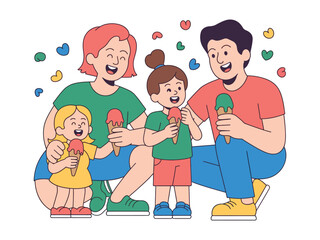 A happy family enjoys ice cream cones on a vibrant, colorful day.