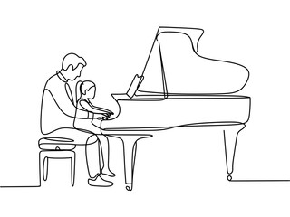 A father and daughter play a grand piano together, sharing a musical moment.