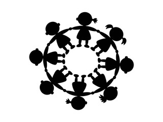 Stylized silhouettes of diverse children holding hands in a circle, symbolizing unity and community.