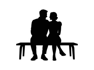 A couple sits closely together on a bench, silhouetted against a white background.