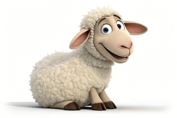 Obraz premium A friendly cartoon sheep with large blue eyes and a fluffy white fleece sits on a white background