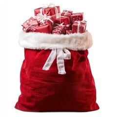 Large red bag of gifts christmas presents decorations.