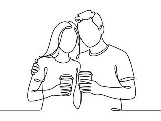 A couple enjoys coffee together with their arms around each other in a single line drawing.