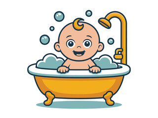 A happy baby enjoys a bubbly bath in a classic bathtub.