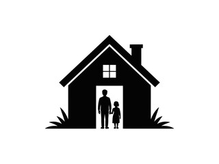 A person and a child stand in the doorway of a house.