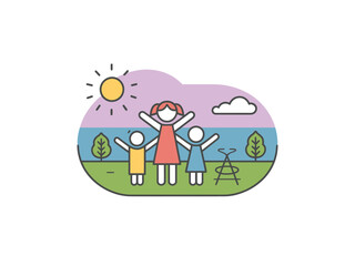 A parent and two children enjoying a sunny day outdoors with raised arms.
