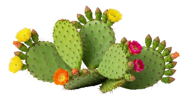 Prickly Pear Cactus Plant With Vibrant Yellow Orange And Pink Flowers In Bloom Isolated On Transparent Background
