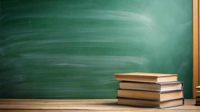 Stack of books beside empty green chalkboard in classroom