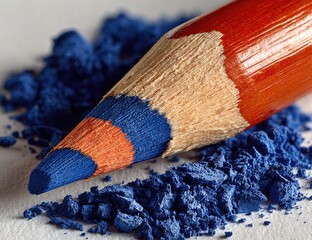 Blue pencil point surrounded by blue pigment/shavings