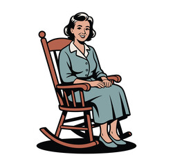 A smiling woman sits comfortably in a wooden rocking chair.