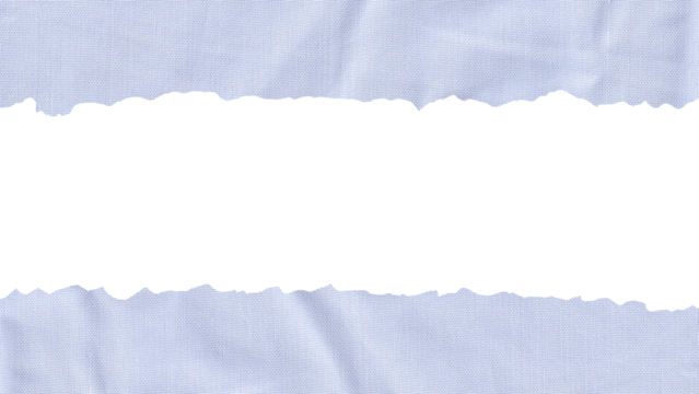 Torn light blue crumpled fabric with a ripped edge, creating a horizontal banner with copy space, isolated on a white background.