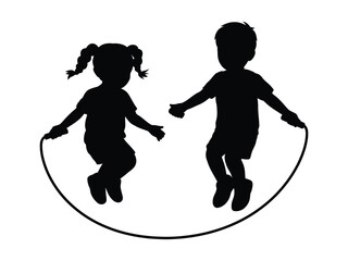 Children happily jump rope together as a silhouette against a white background.
