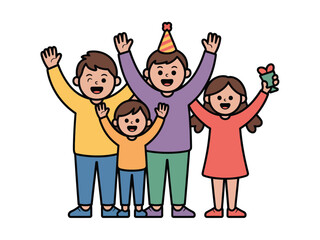 A happy family of four celebrates a special occasion with a gift and a party hat.