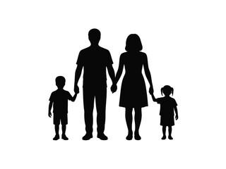 A silhouetted family of four stands holding hands against a white background.