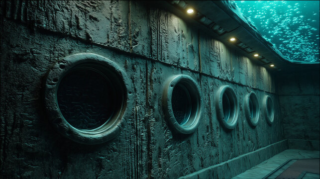 Futuristic underwater corridor with round porthole windows, textured metal walls, ceiling lights, and visible surface water.