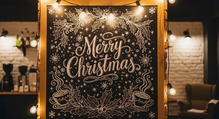 “Merry Christmas” drawn in chalk on café chalkboard wall