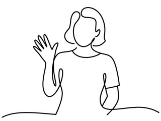 A simple line drawing of a person waving hello with a friendly gesture.