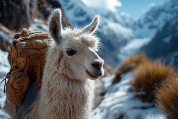 Obraz premium Majestic llama with backpack trekking through snow-capped mountains, a symbol of resilience and adventure in the breathtaking Andean landscape