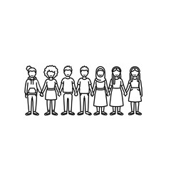 Global Youth Unity and Inclusion. Black and white outline icon showing diverse young figures standing together, holding hands. Symbolizes solidarity, global cooperation, and the strength