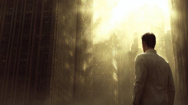 A solitary man stands in a shadowy passage, contemplating a brilliant, ethereal light that represents hope, the future, and new beginnings