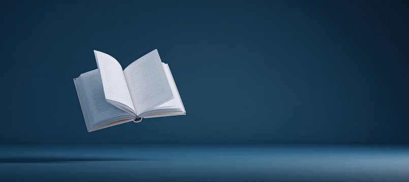 Floating book on dark blue background, open pages facing forward - Powered by Adobe