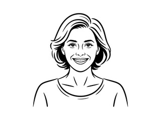 A smiling woman with short, wavy hair is depicted in a line drawing illustration.