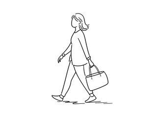 A person walks with a tote bag in a simple line drawing style.