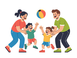 A happy family is playing with a ball together indoors.