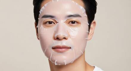 Man applies sheet mask for skincare routine at home during daytime to enhance skin hydration and rejuvenation