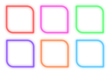 Square corner outline neon light frame, set of colorful shaped object elements isolated on white background	